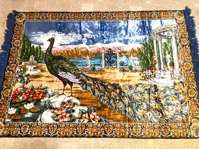 Brilliant Peacock Wall Tapestry with fringe 74x48 - Image 1 of 4