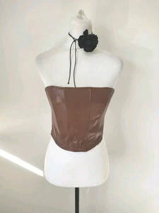 Zara Corset Crop Top Size S 8 Brown Faux Leather Party Ladies - Picture 1 of 4