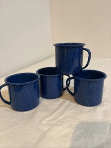 Blue Speckled Enamelware Metal Coffee Mugs Cups, Set Of 4, Cabin Camping Vtg - Picture 1 of 8