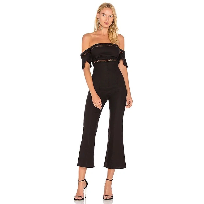 Stone Cold Fox Morrissey Linen Black Lace Crop Flare Leg Strapless Jumpsuit 2  - Image 1 of 4