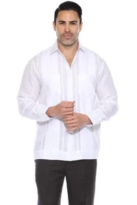 Men's 100% Linen Yarn Dyed Guayabera Shirt Long Sleeve with 2 Pocket Design - Bild 1 von 32