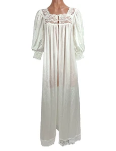Miss Elaine Vintage 60s Satin Robe White Lace Size M Long Puffy Sleeve Shiny - Picture 1 of 8