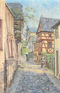 Sommer in Boppard Rhein Niederstadtstrasse Fachwerk Ölgemälde 1958 - Bild 1 von 9