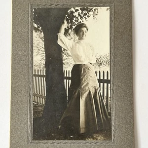 Antique Photograph On Board Beautiful Woman Great Pose Picket Fence Tree - Picture 1 of 9