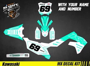 Kit Déco Moto pour / Mx Decal Kit for Kawasaki KXF - White & Aqua - Picture 1 of 1