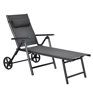 Patiojoy Outdoor Lounge Chair W/ Wheels Neck Pillow Adjustable Aluminum Frame - Picture 1 of 9
