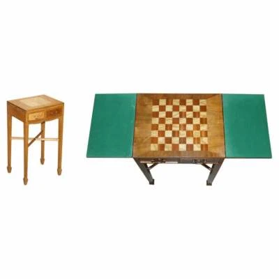 VINTAGE WALNUT SATINWOOD GAMES CARD SIDE TABLE, FOLD OUT CHESS BOARD & DRAWERS - Image 1 of 4