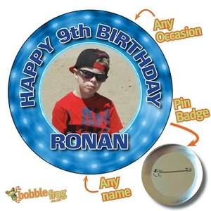 LARGE 75mm Personalised PINK/BLUE PHOTO Big Birthday Badge 16 10th 13th AGE 322 - Picture 1 of 8