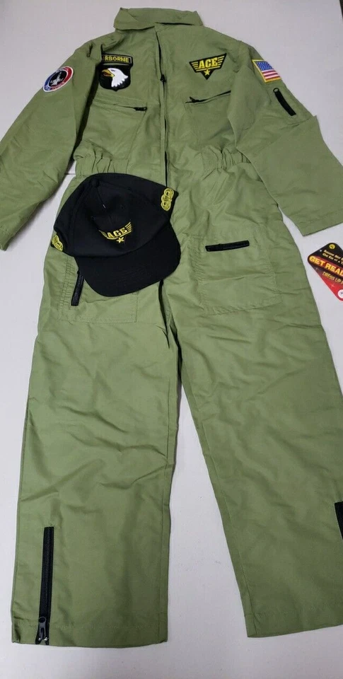 Aeromax Jr. Fighter Pilot Suit with Embroidered Cap, Size 8/10 Olive Green - Image 1 of 4