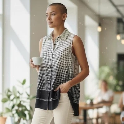 Blusa Avon Signature Collection estampa de bolinhas preto branco balanço tamanho G - Imagem 1 de 4