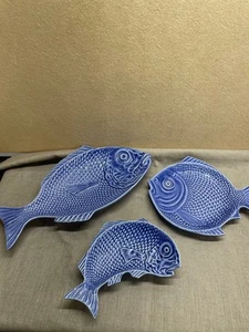 Bordallo Pinheiro Blue Ceramic Fish Platters lot of 3 Portugal - Picture 1 of 23