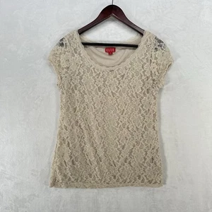 Vintage Elle Top Women M Beige Lace Baby Tee 90s Y2K Fairy Grunge Stretch - Picture 1 of 9
