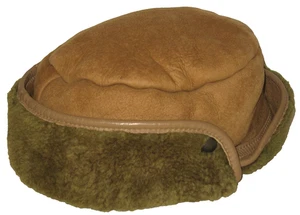 Vintage braun wandelbar Leder Wildleder Trapper Hut mit grünem Lammfellfutter - Bild 1 von 7