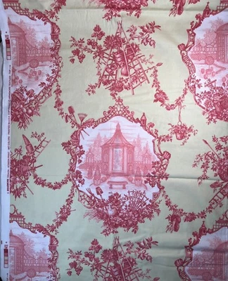 Fabric - OOP Braemore Chinoiserie Garden Scene Toile Romantic Cotton BTY x 54” W - Image 1 of 4
