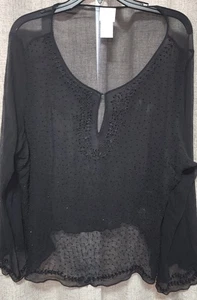 Studio C Shirt Womens 22/24 Black Sheer Silk Round Neck Keyhole Long Sleeve  - Picture 1 of 8