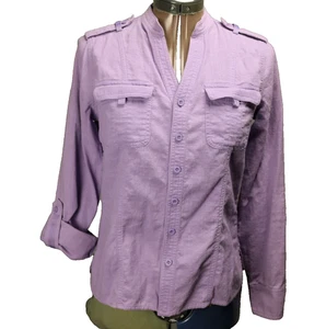 Christopher & Banks 100% Cotton V-Neck Roll-Tab Sleeve Button Shirt Purple S - Picture 1 of 24