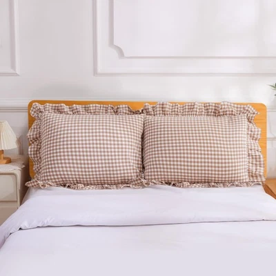 Taupe and White Plaid Ruffle Pillowcases Farmhouse Standard Size Pillow Shams... - Image 1 of 4