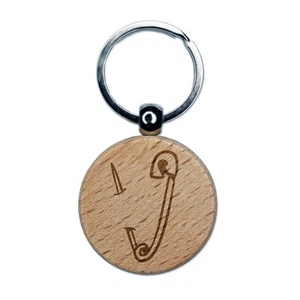 Safety Pin Needle Piercing Fabric Engraved Wood Round Keychain Tag Charm - Picture 1 of 6