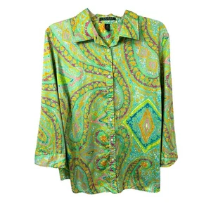 Lauren Ralph Lauren Plus Size 1X Top Green Paisley Button Up Y2K Preppy 1035 - Picture 1 of 9