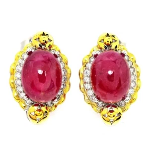 GENUINE AAA RED RUBY OVAL & WHITE CZ STERLING 925 SILVER 2-TONE STUD EARRING - Picture 1 of 6