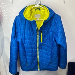 Lands' End Kids Blue Yellow Puffer Jacket XL (18-20) Black Spots on Hood - Picture 1 of 6