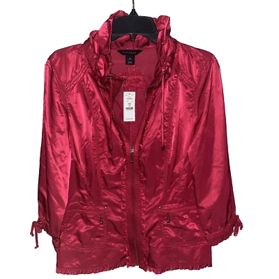 White House Black Market 女式 10 飞行员夹克缎面红宝石红色中袖拉链 — 第 1/4 张图片