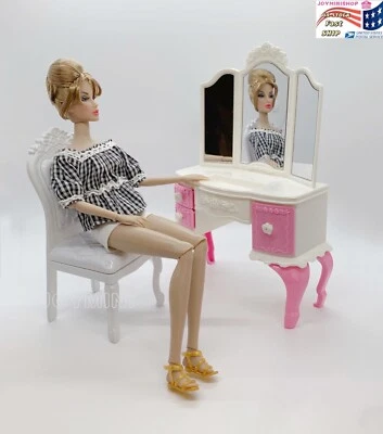 1:6 Miniature For 11.5'' Fashion Doll Pink White Vanity Chair Set Dollhouse Toy - Image 1 of 4