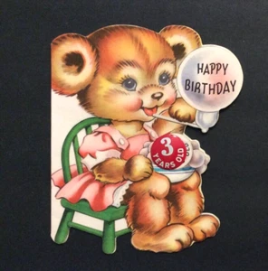 VTG '40s GATTO NOVELTY BIRTHDAY CARD 4th BIRTHDAY GIRL TEDDY w/METAL PIN-UNUSED - Picture 1 of 5