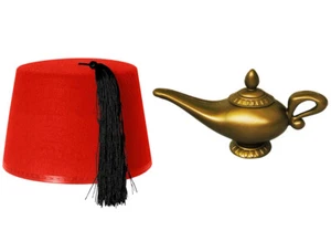 ALADDIN ARABIAN GENIE COSTUME FANCY DRESS RED FEZ AND GOLD LAMP PRINCE FILM - Picture 1 of 7