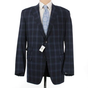 Caruso NWOT 100% Wool Loro Piana Sport Coat Size 56L US 46 in Navy/Blues Plaid - Picture 1 of 10