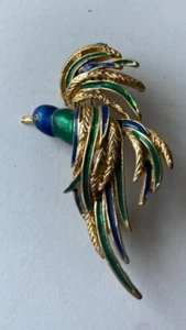 Vintage Gold Tone Blue & Green Enamel Flying Bird Brooch - Picture 1 of 3