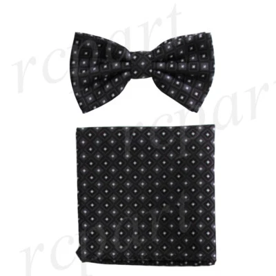 Nuevo Para hombres Microfibra Pre-atado Pajarita y Pañuelo Negro Gris Cuadros Formal Baile de graduación Foto 1 de 3