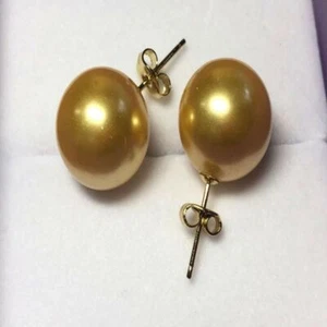 AAAA 14mm Natural South Sea Golden Shell Pearl Earrings 14k Gold Wedding - Picture 1 of 1