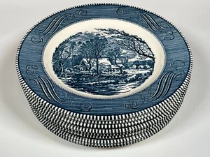 Royal Currier & Ives Blue 10" Dinner Plates 1960's Green Backstamp Set of 9 - Picture 1 of 12