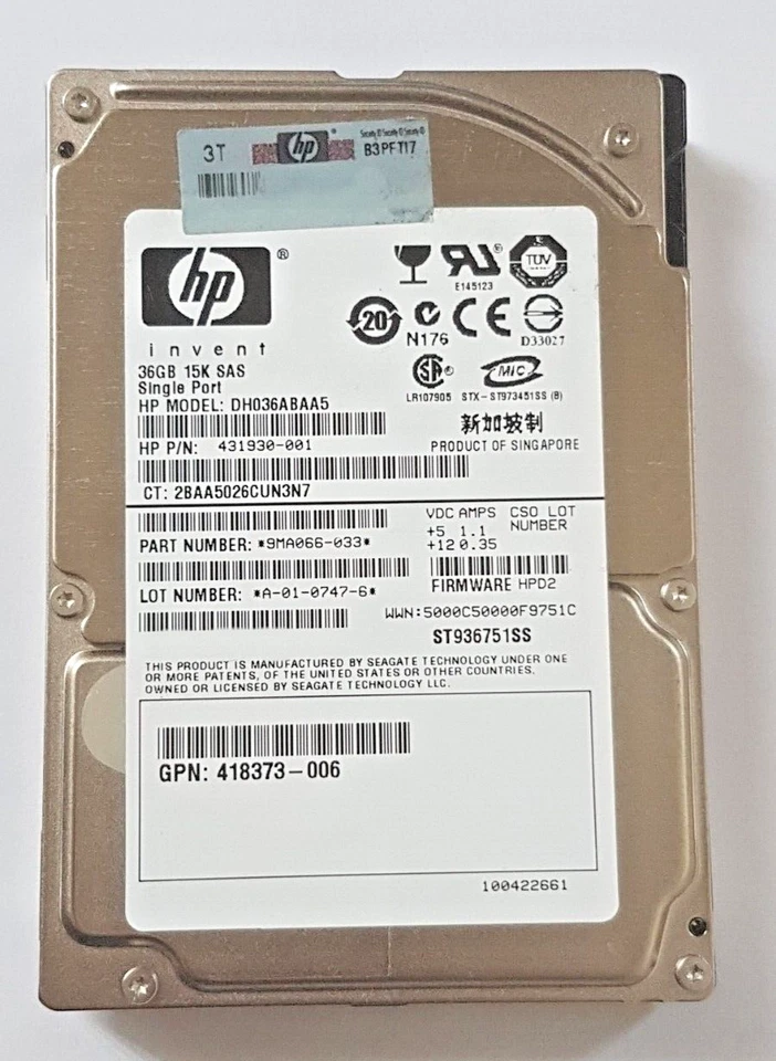 36 SAS HP DH036ABAA5/ST936751SS Singolo Porta 15K RPM 16MB HDD 2.5 Disco Rigido - Immagine 1 di 1