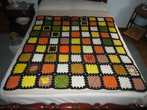 R. FALL GRANNY SQUARE With BLACK Acrylic AFGHAN - 48" x 48" - UNUSED - Picture 1 of 3