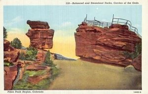 Cartolina CO: Balanced & Steamboat Rocks, Pikes Peak Region, Colorado, lino - Foto 1 di 2