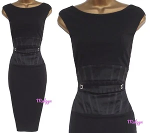 KAREN MILLEN ✩ STUNNING BLACK SATIN FRILL CORSET PENCIL WIGGLE DRESS ✩ UK 12 - Picture 1 of 9