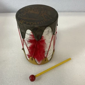 Vintage Wyoming Souvenir Toy Drum 6.5"x4.25" Double Head w/ Mallet USA - Picture 1 of 15