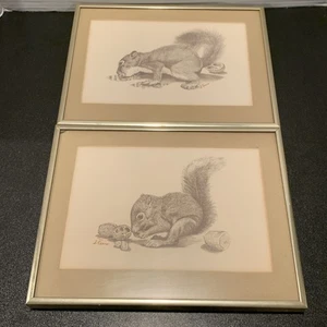 2 Stück Eichhörnchen mit Nüssen von Künstler S Peens gerahmt - Bild 1 von 8