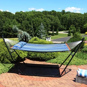 2-Person Quilted Hammock with Universal Steel Stand - Misty Beach by Sunnydaze - Picture 1 of 10