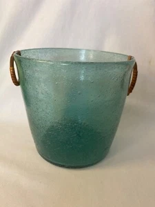 Vintage Ice Blue Seafoam Bubble Glass Ice Bucket with Wood Handles & Pontil - Picture 1 of 12