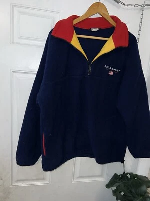 Moletom polo masculino vintage Ralph Lauren azul vermelho amarelo lã GG feito nos EUA - Imagem 1 de 4