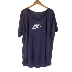 Nike Purple Womens T Shirt Plus Size 2X Short Sleeve White Logo Ruched Sides Top