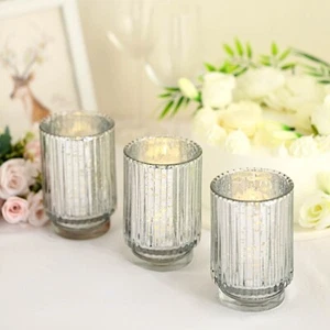 3 SILVER 5" Speckled Mercury Glass Votive CANDLE HOLDERS Party Event Decorations - Picture 1 of 8