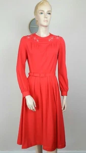 VINTAGE 70S STRIKING PINKY RED EMBROIDERED BUTTERFLY BOHO MIDI FLARE TEA DRESS 6 - Picture 1 of 10