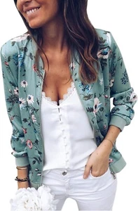 Women's Casual Floral Zip Up Bomber Jacket Coat Crew Neck Lightweight Short Camo - Picture 1 of 6
