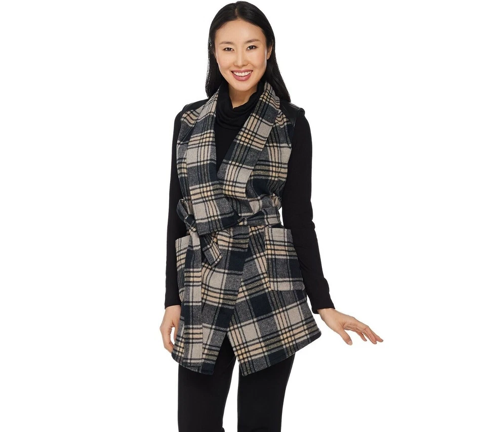  Lisa Rinna Collection Plaid Vest with Faux Leather Detail-Neutral Combo-XS  - Image 1 of 1
