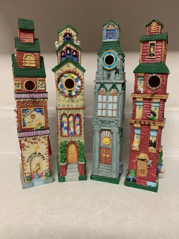 Bird House Decor Resin City Tall Narrow Buildings Set Of 4, Church School Store Cover