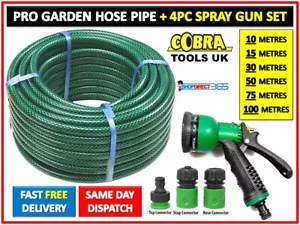 Garden Hose Pipe Reel Tough Reinforced Outdoor Hosepipe Metres + SPRAY Gun Set - Picture 1 of 4